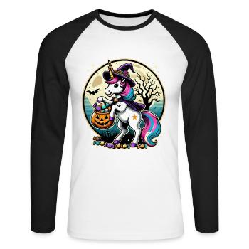 Lustiges Hexen Einhorn Möchte Süßigkeiten - Unisex Baseballshirt langarm - Weiß/Schwarz - Vorne - Nik (191cm)