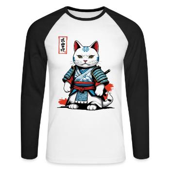 Samurai Katze in Japanischem Samurai Kunstwerk - Unisex Baseballshirt langarm - Weiß/Schwarz - Vorne - Nik (191cm)