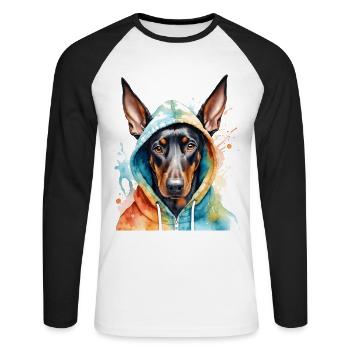 Dobermann Hoodie Hund Bunt Lustig Tier Print - Unisex Baseballshirt langarm - Weiß/Schwarz - Vorne - Nik (191cm)