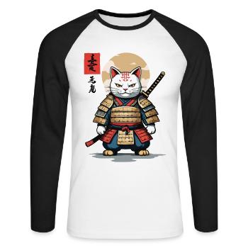Chat Samouraï Asiatique Ukiyo-E Style Esthétique - T-shirt baseball manches longues Homme - blanc/noir - Devant - Nik (191cm)