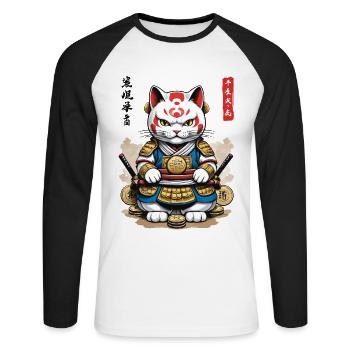 Samurai Cat in Aesthetic Japan Style - Unisex Long Sleeve Baseball T-Shirt - white/black - Front - Nik (191cm)