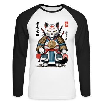 Samurai Katze im Anime Streetwear Look - Unisex Baseballshirt langarm - Weiß/Schwarz - Vorne - Nik (191cm)