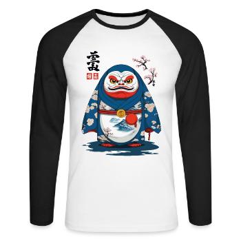 Japanese Daruma Aesthetic Yokai Streetwear - Unisex Long Sleeve Baseball T-Shirt - white/black - Front - Nik (191cm)