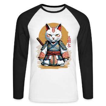 Samurai Cat Japanese Artwork Anime Design - Unisex Long Sleeve Baseball T-Shirt - white/black - Front - Nik (191cm)