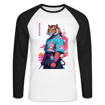 Tiger Yokai Vaporwave Aesthetic Samurai Art - Unisex Long Sleeve Baseball T-Shirt - white/black - Front - Nik (191cm)