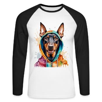 Dobermann Hoodie Hund Bunt Lustig Tier Print - Unisex Baseballshirt langarm - Weiß/Schwarz - Vorne - Nik (191cm)