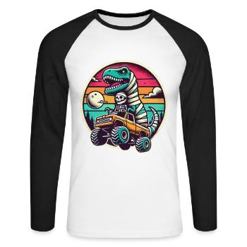 Dino avec squelette de dinosaure sur monster truck - T-shirt baseball manches longues Homme - blanc/noir - Devant - Nik (191cm)