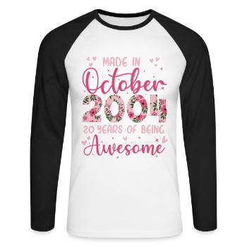 October 2004 20th Birthday for Girls - Unisex Long Sleeve Baseball T-Shirt - white/black - Front - Nik (191cm)