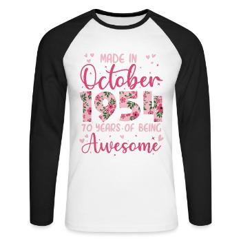 Oktober 1954 70. Jahrestag der Frau - Unisex Baseballshirt langarm - Weiß/Schwarz - Vorne - Nik (191cm)