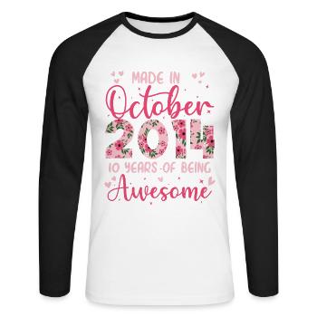 Oktober 2014 10-jähriges Jubiläum für Mädchen - Unisex Baseballshirt langarm - Weiß/Schwarz - Vorne - Nik (191cm)