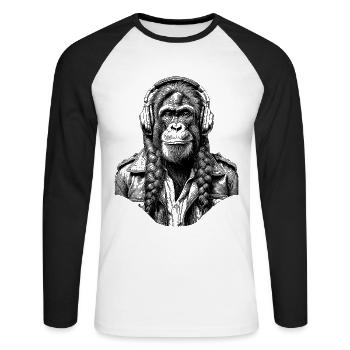 Rockmusik-Shirt: Fokussierter Affe in Lederjacke - Unisex Baseballshirt langarm - Weiß/Schwarz - Vorne - Nik (191cm)