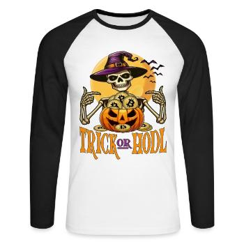 Drôle drôle Bitcoin squelette Halloween - T-shirt baseball manches longues Homme - blanc/noir - Devant - Nik (191cm)