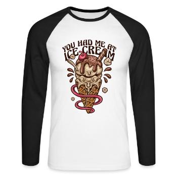 Tu m’as eu chez la sorbetière Gelato Lover Ice - T-shirt baseball manches longues Homme - blanc/noir - Devant - Nik (191cm)
