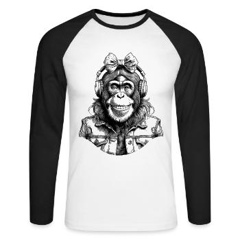 Modernes Schimpansen Shirt für Musikliebhaber - Unisex Baseballshirt langarm - Weiß/Schwarz - Vorne - Nik (191cm)