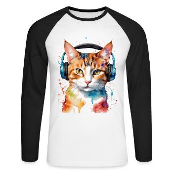 Casque de chat coloré drôle animal design imprimer - T-shirt baseball manches longues Homme - blanc/noir - Devant - Nik (191cm)
