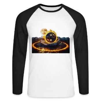 Big ying yang ball of fire submerging from water - Unisex Long Sleeve Baseball T-Shirt - white/black - Front - Nik (191cm)