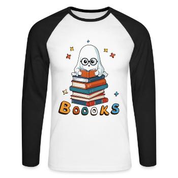 Cute Funny Book Lover Ghost - Unisex Long Sleeve Baseball T-Shirt - white/black - Front - Nik (191cm)