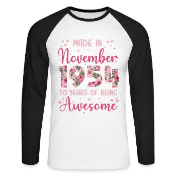November 1954 70. Geburtstag der Frau - Unisex Baseballshirt langarm - Weiß/Schwarz - Vorne - Nik (191cm)