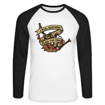 Un vrai Écossais joue de la cornemuse Blowpipe Player - T-shirt baseball manches longues Homme - blanc/noir - Devant - Nik (191cm)