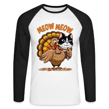 Thanksgiving-Truthahn Meow Katze - Unisex Baseballshirt langarm - Weiß/Schwarz - Vorne - Nik (191cm)