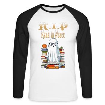 Cute Book Lover Ghost Halloween - Unisex Long Sleeve Baseball T-Shirt - white/black - Front - Nik (191cm)