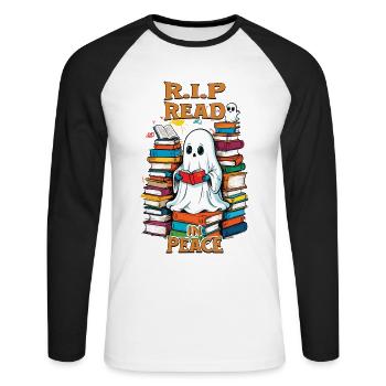 Cute book lover ghost reading in peace - Unisex Long Sleeve Baseball T-Shirt - white/black - Front - Nik (191cm)