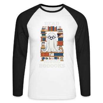 Cute Book Lover Ghost Funny Saying - Unisex Long Sleeve Baseball T-Shirt - white/black - Front - Nik (191cm)