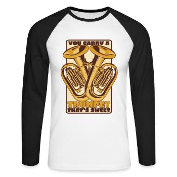 Vous portez une trompette qui est un doux joueur d’euphoniste - T-shirt baseball manches longues Homme - blanc/noir - Devant - Nik (191cm)