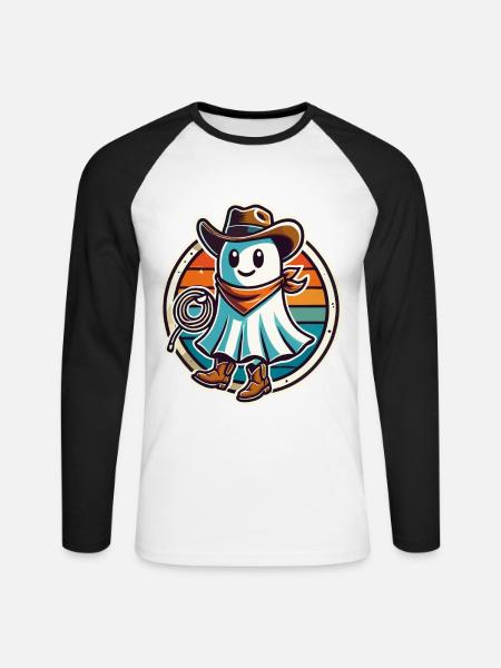 Cowboy Ghost Funny Halloween Design - Unisex Long Sleeve Baseball T-Shirt - white/black