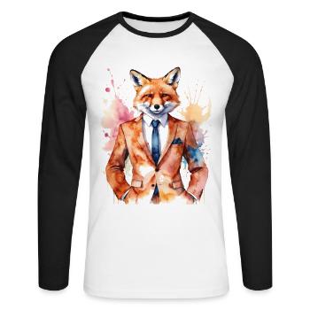Fuchs Anzug Bunt Tier Design Print - Unisex Baseballshirt langarm - Weiß/Schwarz - Vorne - Nik (191cm)