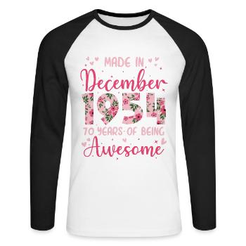 Dezember 1954 70. Jahrestag der Frau - Unisex Baseballshirt langarm - Weiß/Schwarz - Vorne - Nik (191cm)