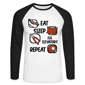 Manger Dormir Réparer les ascenseurs Technicien répétitif - T-shirt baseball manches longues Homme - blanc/noir - Devant - Nik (191cm)
