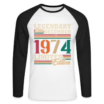 Vintage 1974 Décembre Cadeau Anniversaire Rétro - T-shirt baseball manches longues Homme - blanc/noir - Devant - Nik (191cm)
