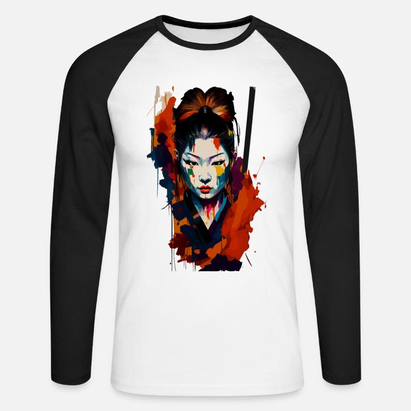 Samurai Kriegerin – Auffällige Spritzer Kunst - Unisex Baseballshirt langarm - Weiß/Schwarz