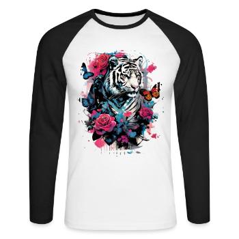 Majestic tiger with butterflies and roses - Unisex Long Sleeve Baseball T-Shirt - white/black - Front - Nik (191cm)