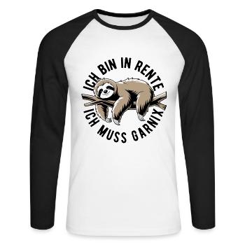 Faultier - Ich bin in Rente ich muss garnix - Unisex Baseballshirt langarm - Weiß/Schwarz - Vorne - Nik (191cm)