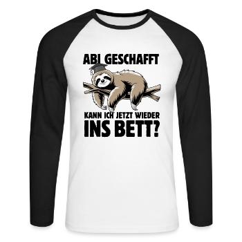 Faultier - Abitur geschafft wieder ins Bett? - Unisex Baseballshirt langarm - Weiß/Schwarz - Vorne - Nik (191cm)