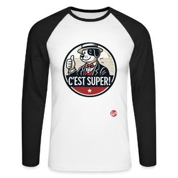 C'est super! Retro Cartoon Hund - Unisex Baseballshirt langarm - Weiß/Schwarz - Vorne - Nik (191cm)