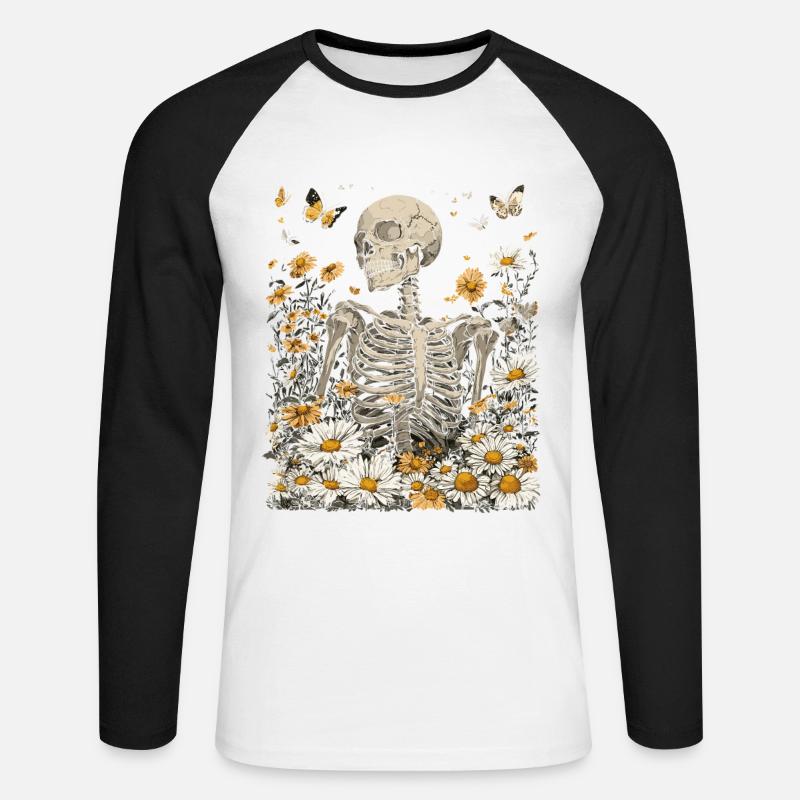 Skelett Blumen - Unisex Baseballshirt langarm - Weiß/Schwarz