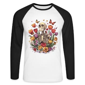 Fleurs squelettes - T-shirt baseball manches longues Homme - blanc/noir - Devant - Nik (191cm)