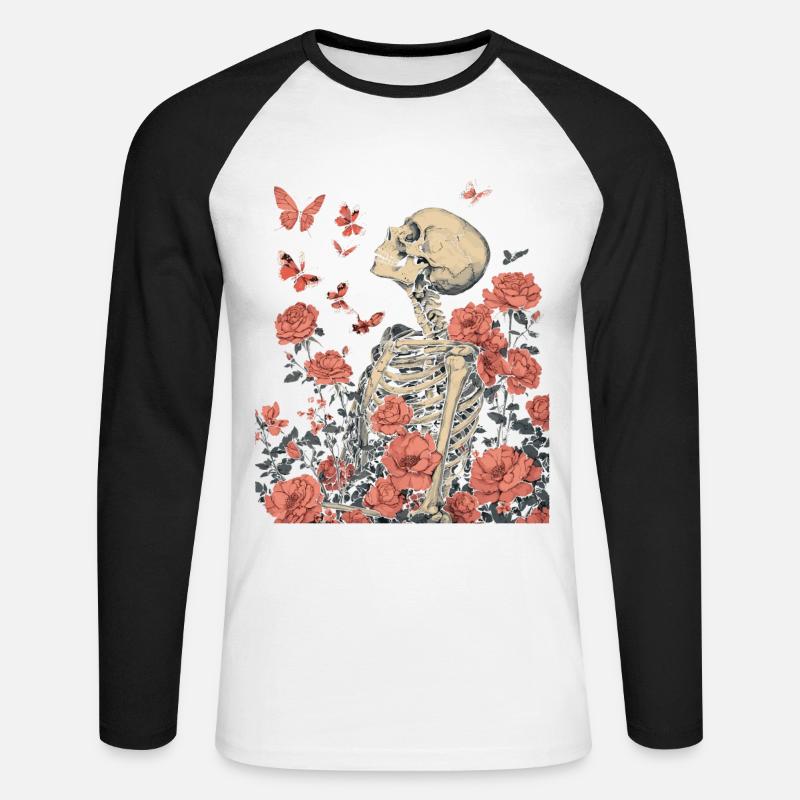 Skelett Blumen - Unisex Baseballshirt langarm - Weiß/Schwarz