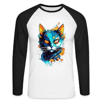 Bunte kosmische Katze - Unisex Baseballshirt langarm - Weiß/Schwarz - Vorne - Nik (191cm)