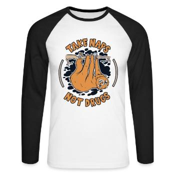 Faire la sieste, pas de drogue Folivora à gorge brune - T-shirt baseball manches longues Homme - blanc/noir - Devant - Nik (191cm)