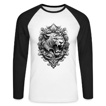 Meditatives Tiger Shirt mit floralen Ornamenten - Unisex Baseballshirt langarm - Weiß/Schwarz - Vorne - Nik (191cm)