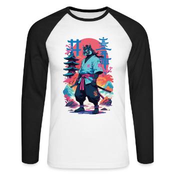 Tanuki Yokai Vaporwave Aesthetic Samurai Art - Unisex Long Sleeve Baseball T-Shirt - white/black - Front - Nik (191cm)
