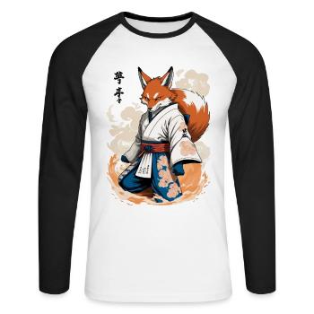 Kitsune Samouraï Renard Style Ukiyo-e Vintage - T-shirt baseball manches longues Homme - blanc/noir - Devant - Nik (191cm)