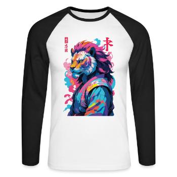Samouraï Lion Esthétique Style Vaporwave - T-shirt baseball manches longues Homme - blanc/noir - Devant - Nik (191cm)