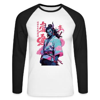 Samouraï Oni Yokai Esthétique Style Vaporwave - T-shirt baseball manches longues Homme - blanc/noir - Devant - Nik (191cm)