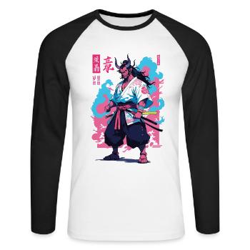 Samouraï Oni Yokai Esthétique Style Vaporwave - T-shirt baseball manches longues Homme - blanc/noir - Devant - Nik (191cm)