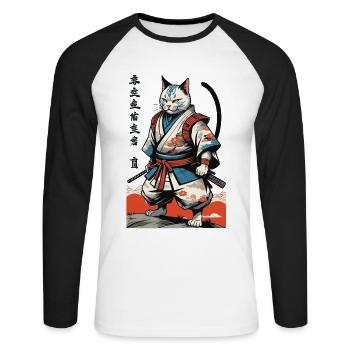 Samurai Cat Vintage Ukiyo-E Japanese - Unisex Long Sleeve Baseball T-Shirt - white/black - Front - Nik (191cm)